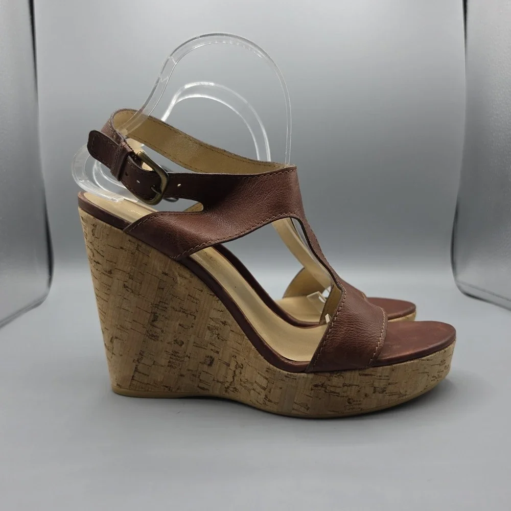 Stuart Weitzman Shoes Womens 9.5 Brown Leather Cork Wedge Ankle Strap Platform - Picture 5 of 13